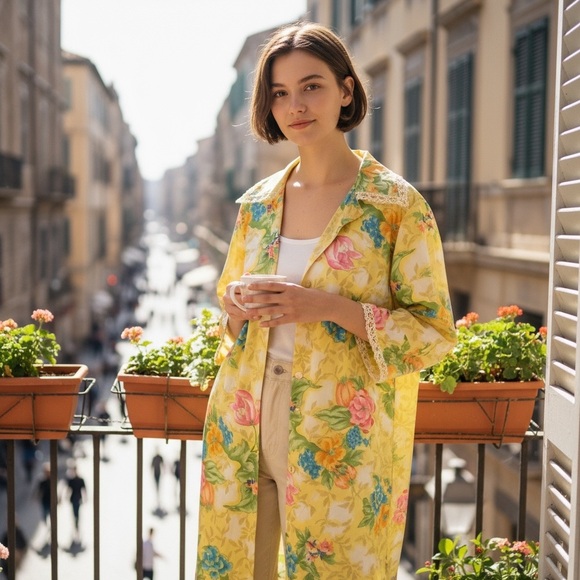 Vanity Fair Other - Vanity Fair 70s Vintage Yellow Floral Satin Robe Sz 34 Small Lace Pumpkin Fall